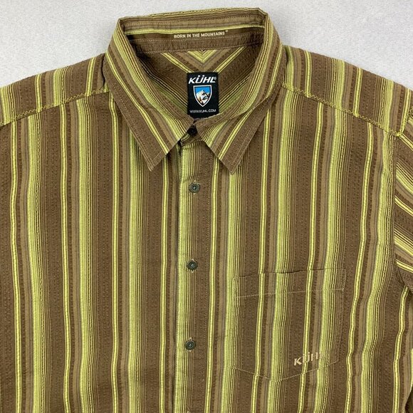 Kuhl Men Shirt Medium Brown Yellow Vertical Striped Button Up Seersucker Outdoor - Picture 2 of 9